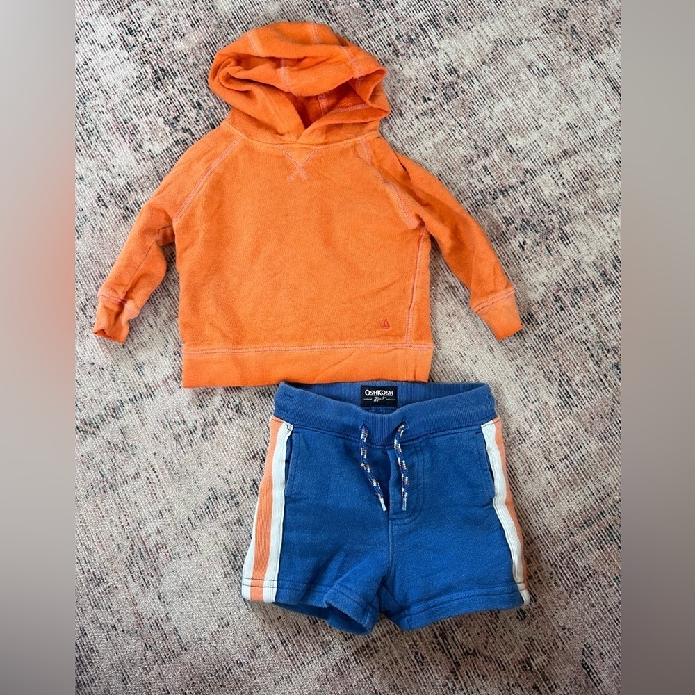 Oshkosh Baby Boy Orange Hoodie and Blue Shorts Set 6 months